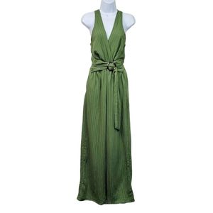 Flying tomato green stripe tortoise buckle crossover culotte jumpsuit